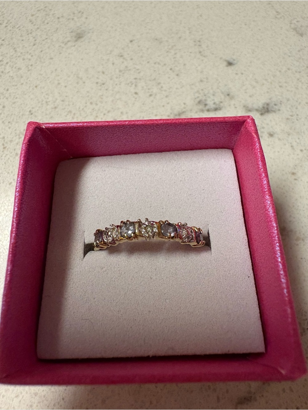 10k Yellow Gold Multi-Stone Women's Stacker Band- Pink Stones and Small Diamonds - Picture 2 of 3
